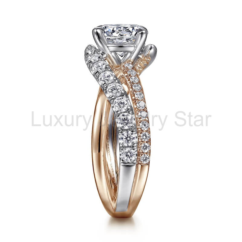 Rose Gold Two Tone Moissanite Criss-Cross Pave Engagement Ring - image 3