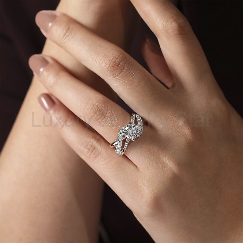 Rose Gold Two Tone Moissanite Criss-Cross Pave Engagement Ring - image 5
