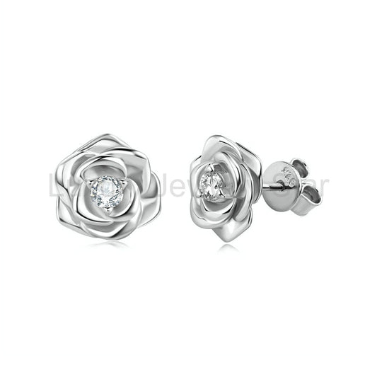 Rose Shaped Solitaire Moissanite Stud Earrings In Sterling Silver
