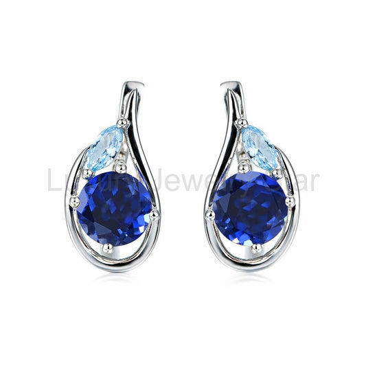 Round Lab-Created Sapphire And Marquise Accents Sterling Silver Hoop Earrings