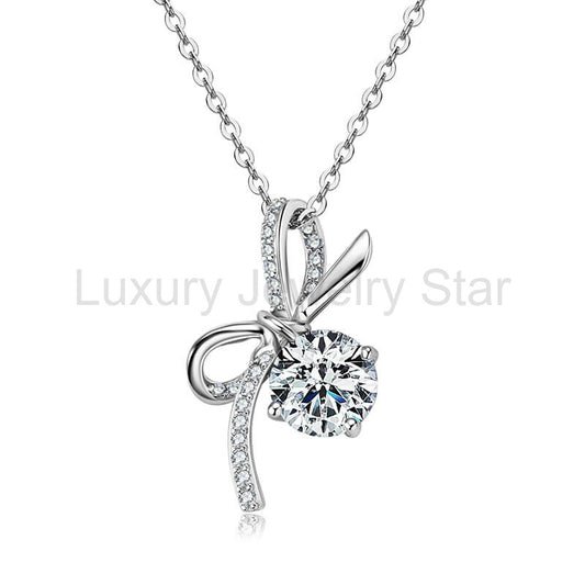 Round Moissanite Bow Accents Pave Sterling Silver Necklace