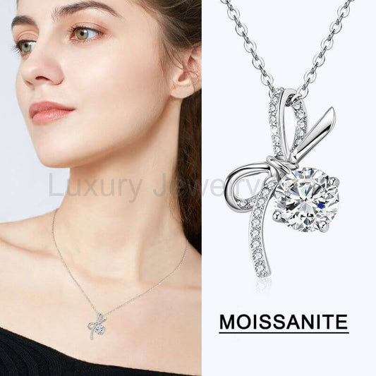 Round Moissanite Bow Accents Pave Sterling Silver Necklace - image 2