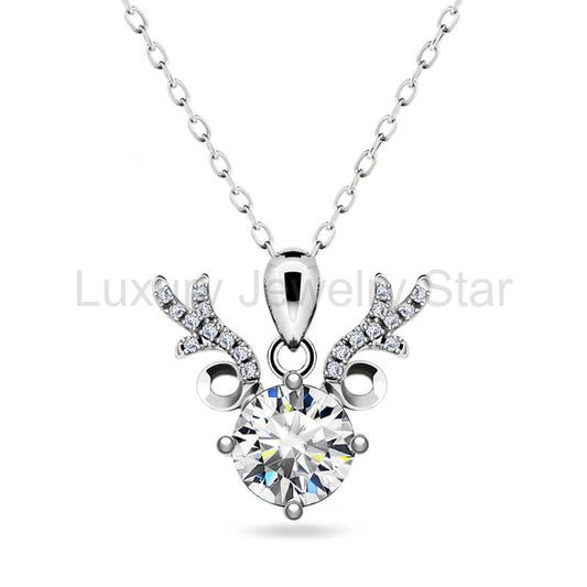Round Moissanite Deer Antlers Pendant Necklace in Sterling Silver