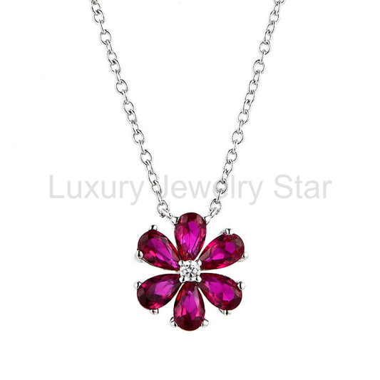 Six Leaf Clover Red Corundum Sterling Silver Necklace