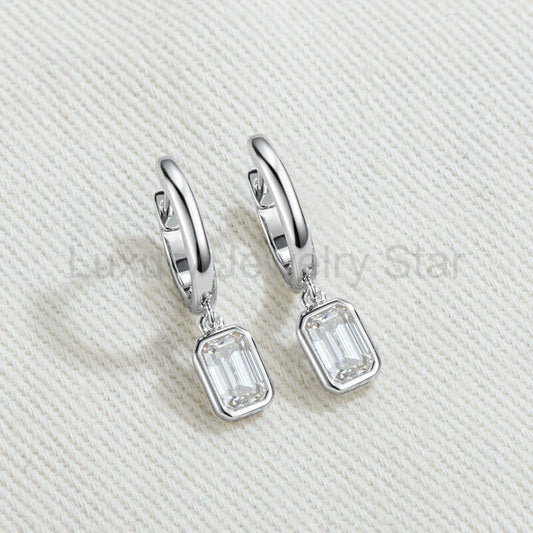 Solitaire Bezel Emerald-Cut Moissanite Drop Earrings In Sterling Silver - image 2