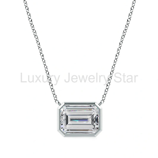 Solitaire Bezel Emerald-Cut Moissanite Necklace In Sterling Silver