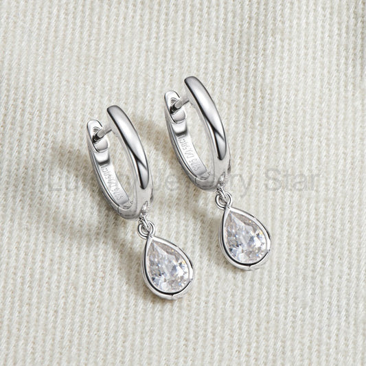Solitaire Bezel Pear Moissanite Drop Earrings In Sterling Silver - image 2