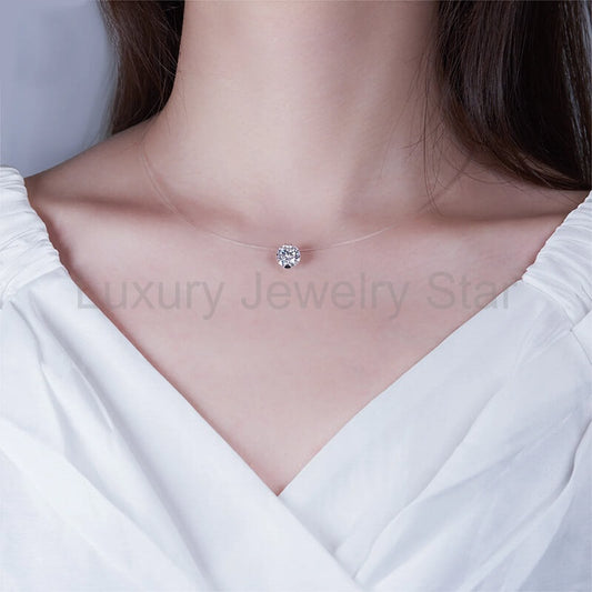 Solitaire Moissanite Fish Line Choker Invisible Chain Necklace - image 2