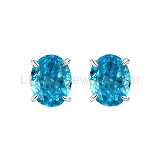 Solitaire Oval Cut Lab-Sapphire Sterling Silver Stud Earrings