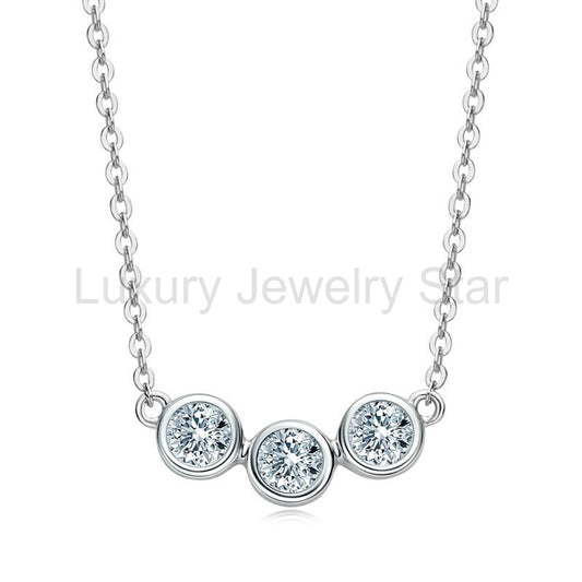 Three Stone Bezel Set Moissanite Sterling Silver Necklace