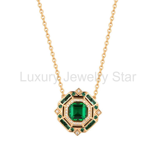 Vintage Asscher Cut Emerald Necklace In Sterling Silver