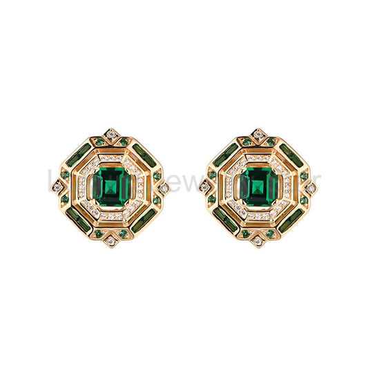 Vintage Asscher Cut Emerald Stud Earrings In Sterling Silver