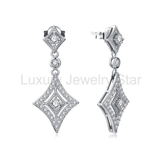 Vintage Halo Moissanite Rhombic Drop Earrings In Sterling Silver