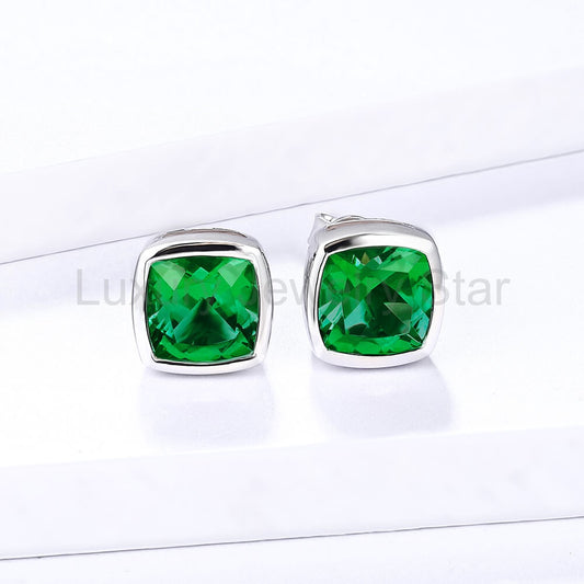 Cushion Lab-Created Emerald Bezel Sterling Silver Stud Earrings - image 2