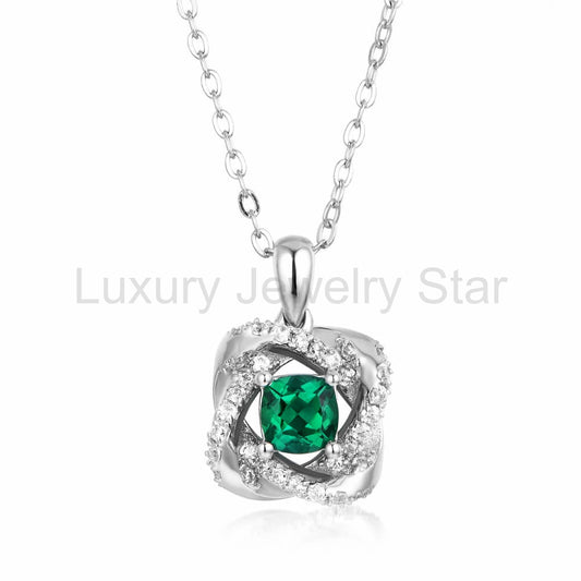 Cushion Lab-Created Emerald Knot Sterling Silver Necklace