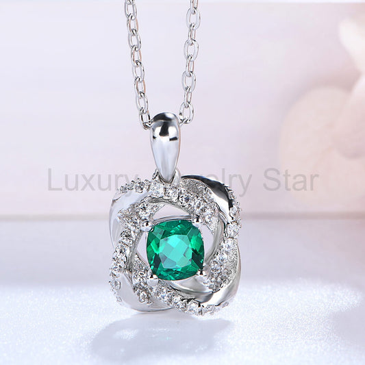 Cushion Lab-Created Emerald Knot Sterling Silver Necklace - image 2