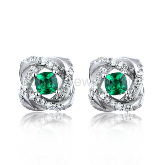 Cushion Lab-Created Emerald Knot Sterling Silver Stud Earrings