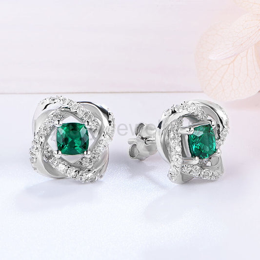 Cushion Lab-Created Emerald Knot Sterling Silver Stud Earrings - image 2