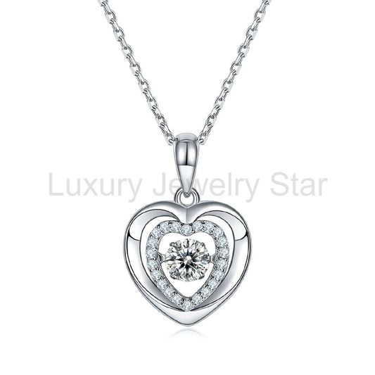 Dancing Moissanite Double Heart Necklace in Sterling Silver