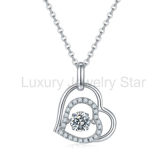 Dancing Moissanite Double Heart Pave Necklace in Sterling Silver