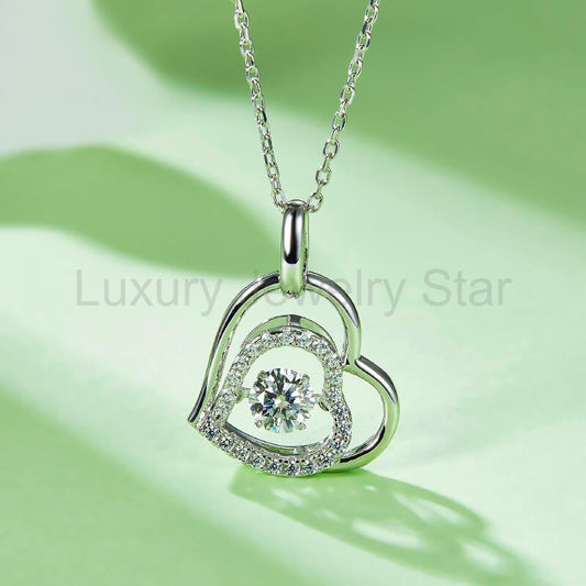 Dancing Moissanite Double Heart Pave Necklace in Sterling Silver - image 2