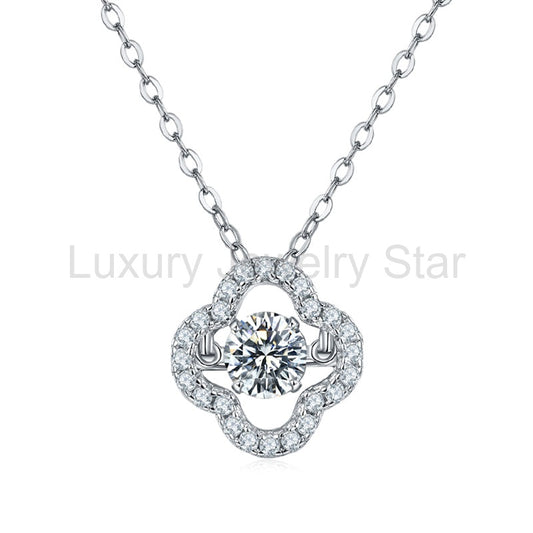Dancing Moissanite Four Leaf Clover Pave Necklace in Sterling Silver