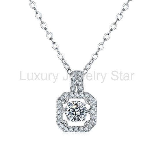 Dancing Moissanite Square-Shaped Halo Necklace in Sterling Silver