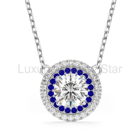 Double Halo Moissanite And Sapphire Necklace in Sterling Silver