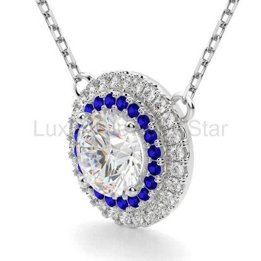 Double Halo Moissanite And Sapphire Necklace in Sterling Silver - image 2