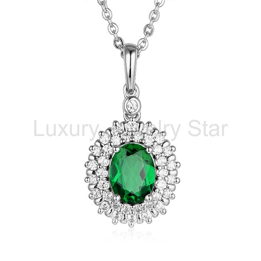 Double Halo Oval Lab-Created Emerald Sterling Silver Necklace
