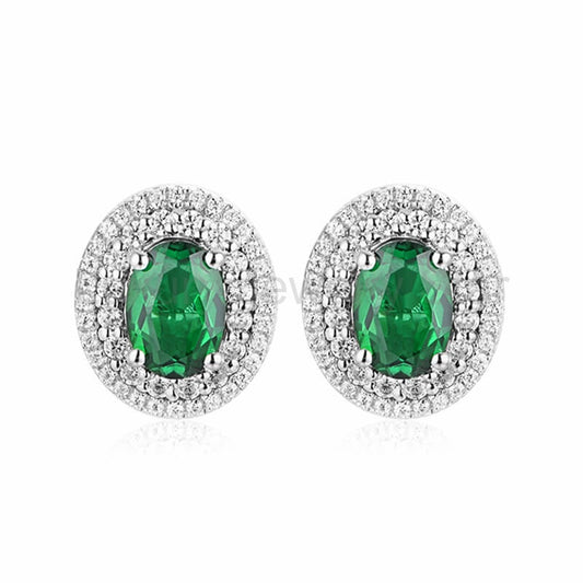 Double Halo Oval Lab-Created Emerald Sterling Silver Stud Earrings