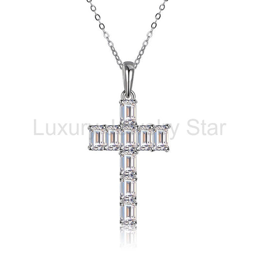 Emerald-Cut Moissanite Cross Pendant Necklace in Sterling Silver