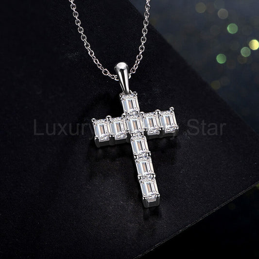 Emerald-Cut Moissanite Cross Pendant Necklace in Sterling Silver - image 2