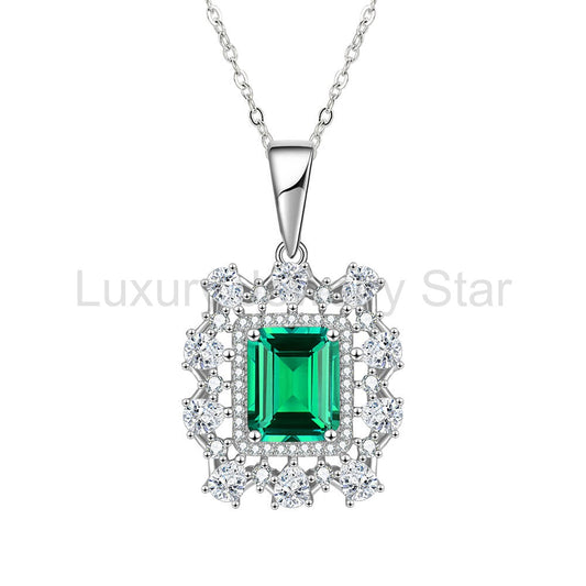 Fashion Double Halo Lab-Created Emerald Sterling Silver Necklace