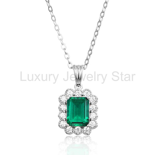 Fashion Halo Lab-Created Emerald Sterling Silver Necklace