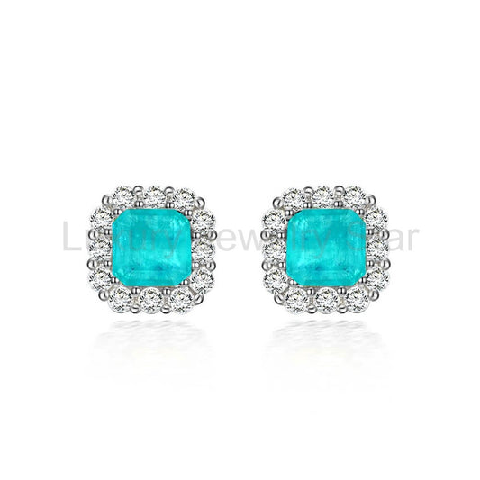 Halo Cushion Cut Paraiba Tourmaline Sterling Silver Stud Earrings