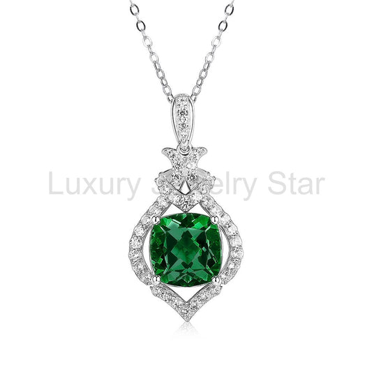 Halo Cushion Lab-Created Emerald Sterling Silver Necklace