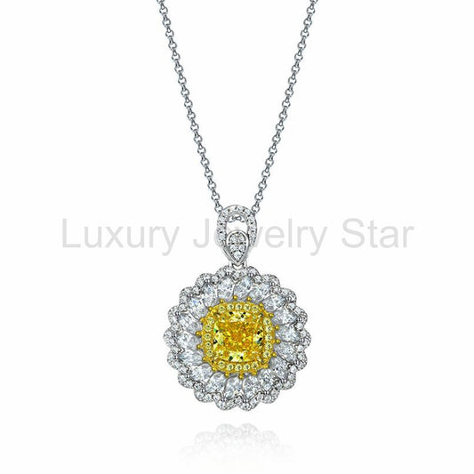 Halo Cushion Yellow Lab-Sapphire Two Tone Sterling Silver Necklace