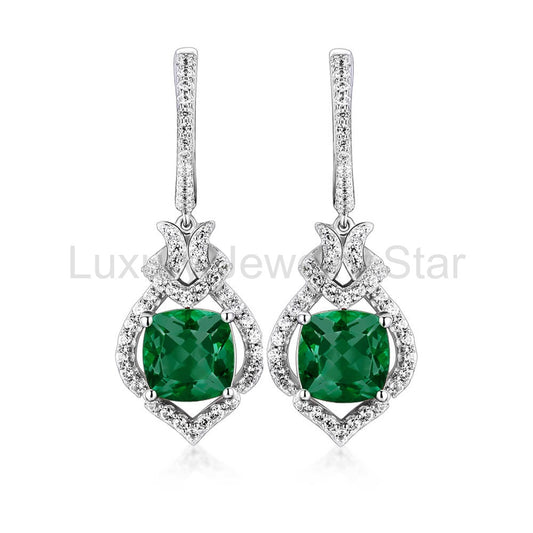Halo Cushion-Cut Lab-Created Emerald Sterling Silver Drop Earrings