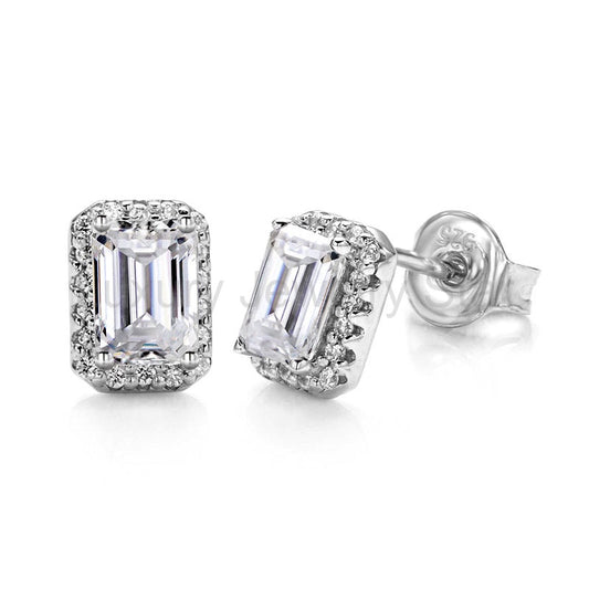Halo Emerald Cut Moissanite Stud Earrings In Sterling Silver - image 2