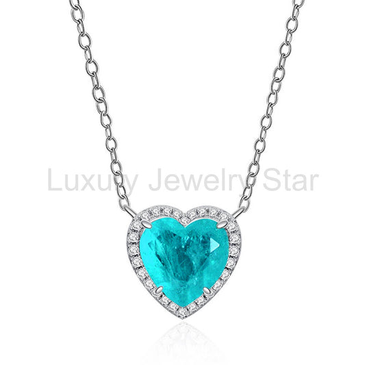Halo Heart Cut Paraiba Tourmaline Sterling Silver Necklace Pendant