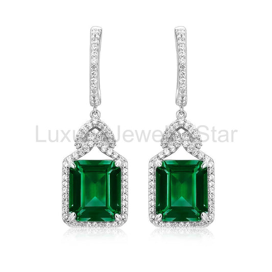 Halo Lab-Created Emerald Sterling Silver Drop Earrings