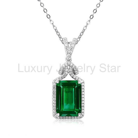 Halo Lab-Created Emerald Sterling Silver Necklace