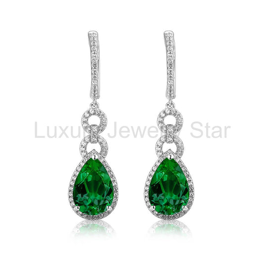 Halo Lab-Created Pear-Cut Emerald Sterling Silver Drop Earrings