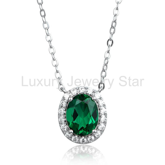 Halo Oval Lab-Created Emerald Sterling Silver Necklace