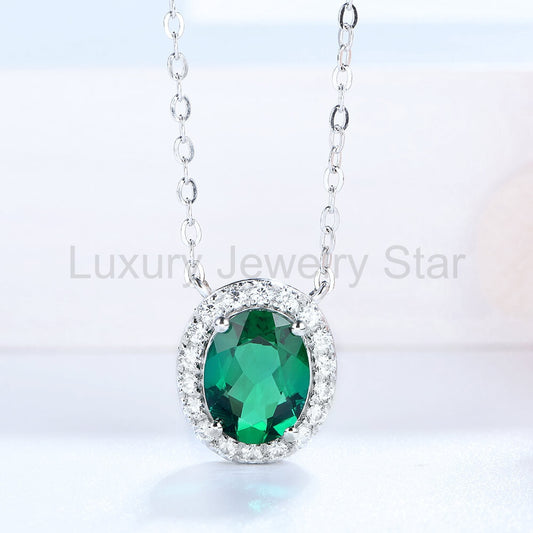 Halo Oval Lab-Created Emerald Sterling Silver Necklace - image 2