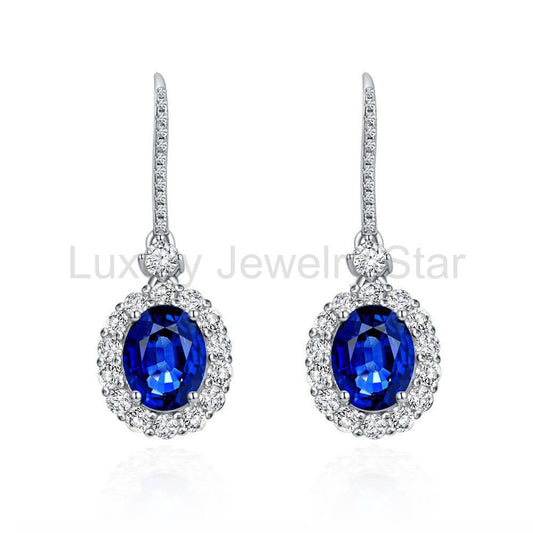 Halo Oval Lab-Sapphire Sterling Silver Drop Earrings
