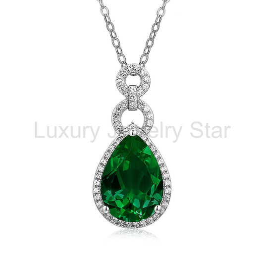 Halo Pear Lab-Created Emerald Sterling Silver Necklace