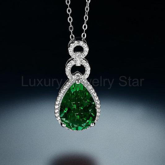 Halo Pear Lab-Created Emerald Sterling Silver Necklace - image 2