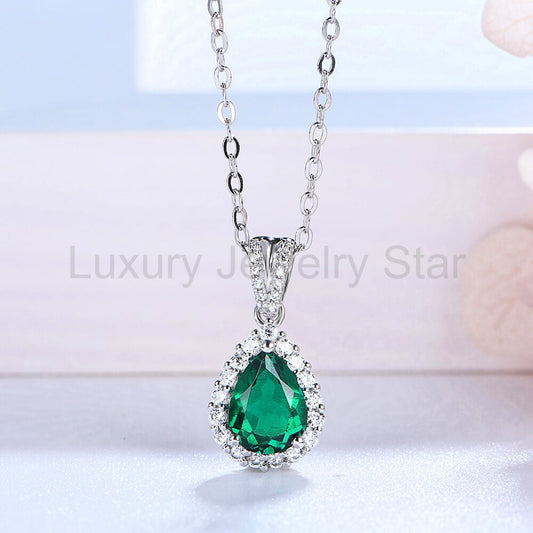 Halo Pear Lab-Created Emerald Sterling Silver Necklace - image 2